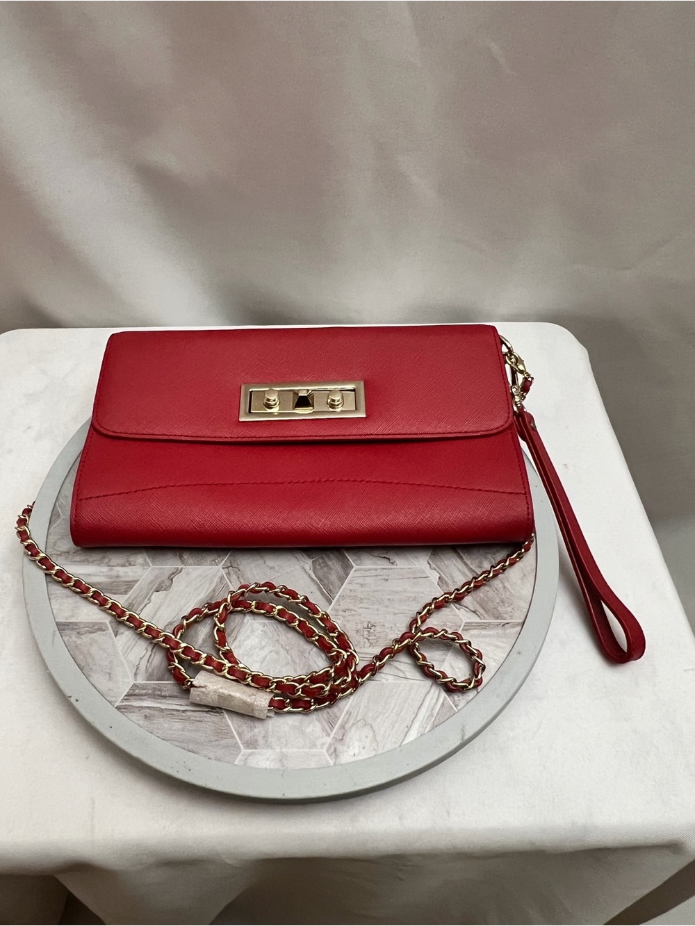 Daniel Hechter Red Saffiano Crossbody Clutch Gold Chain Wristlet Purse